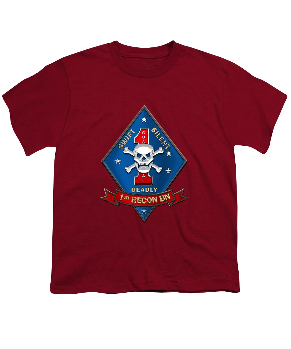 'military Insignia & Heraldry' Collection By Serge Averbukh Youth T-Shirt featuring the digital art U S M C 1st Reconnaissance Battalion - 1st Recon Bn Insignia over Red Velvet by Serge Averbukh