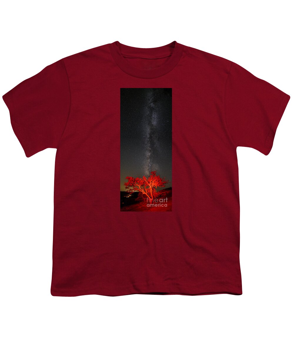 Enchanted Rock Youth T-Shirt featuring the photograph Watching in Awe as the Milky Way Rises Panorama - Enchanted Rock Fredericksburg Texas Hill Country by Silvio Ligutti