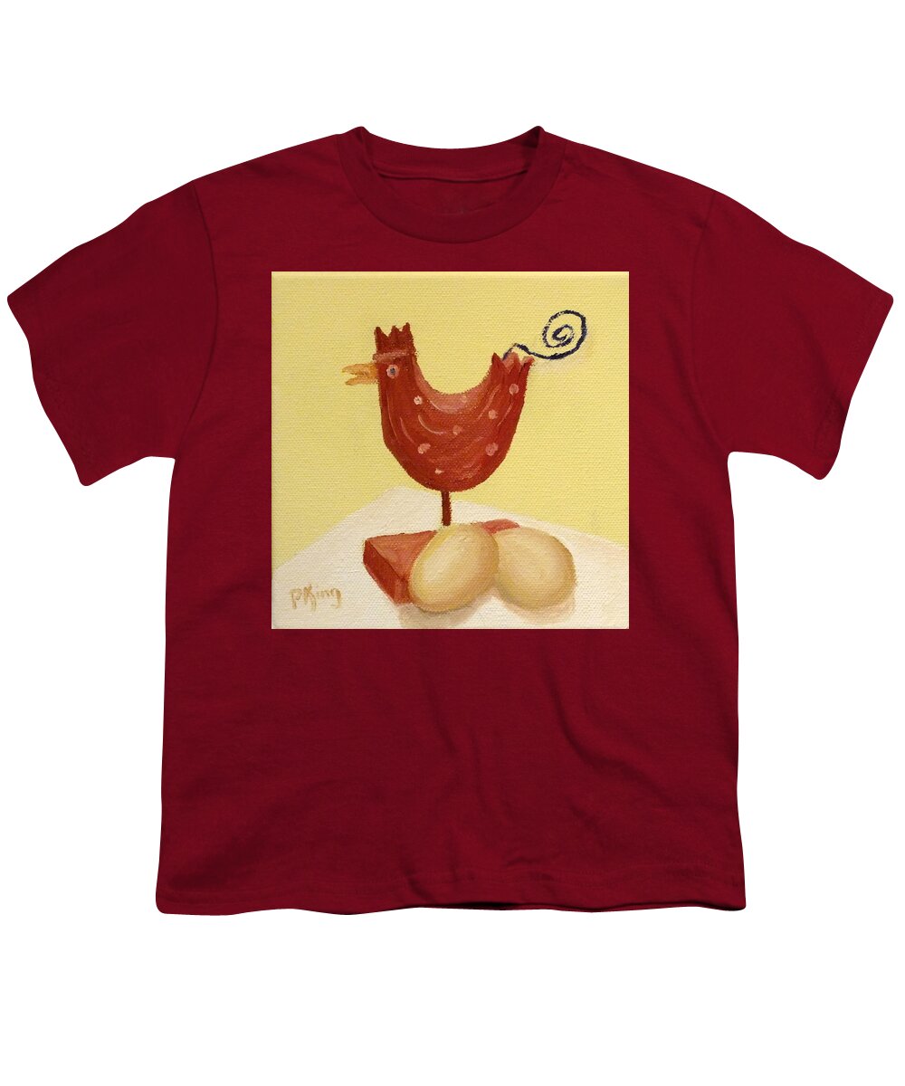 Kitchen Youth T-Shirt featuring the painting Wooden Chicken and 2 Brown Eggs by Peggy King