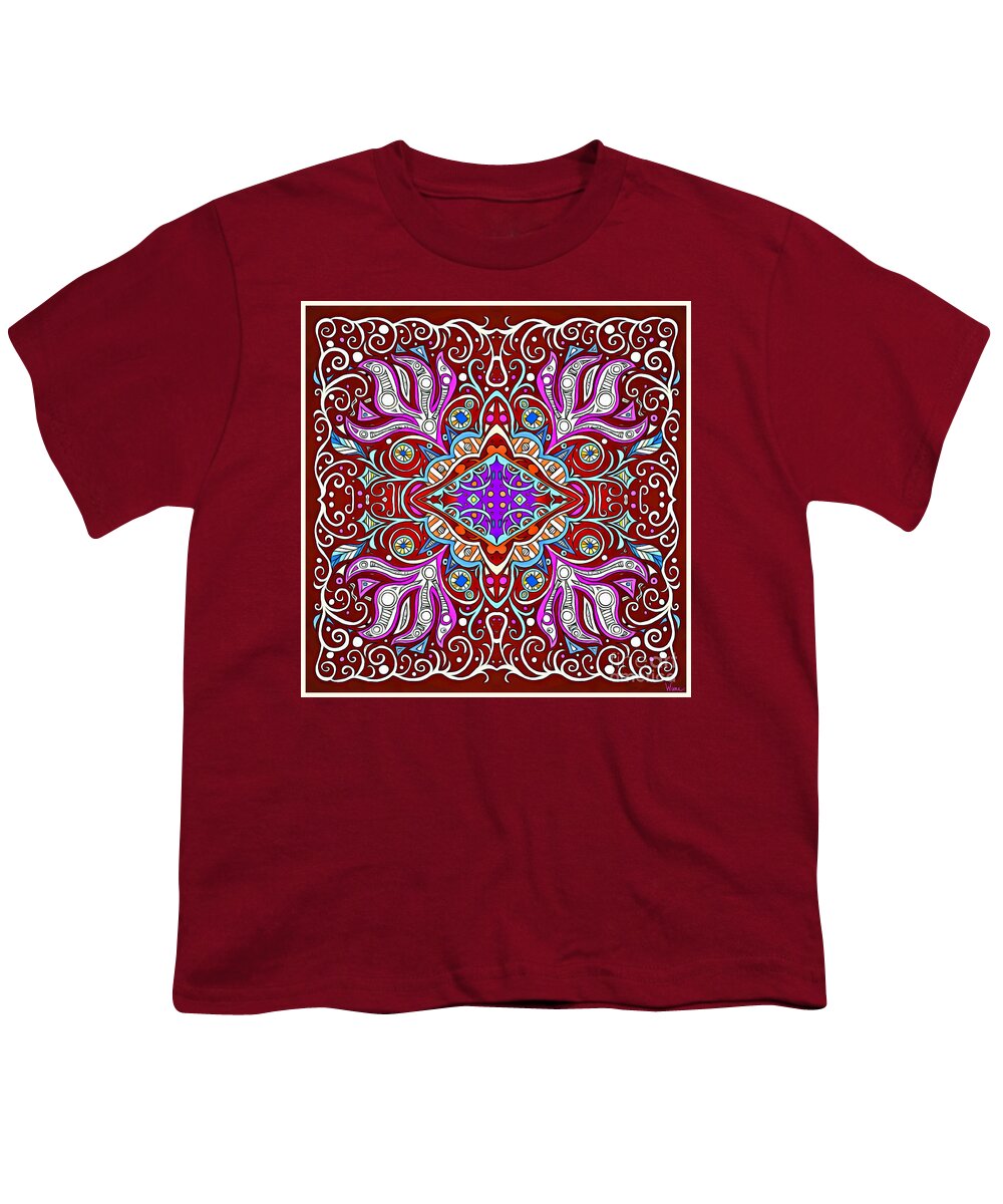 Dark Red Square Youth T-Shirt featuring the mixed media Dark Red Symmetrical Square Design with Blue, Fuchsia and Orange Details by Lise Winne