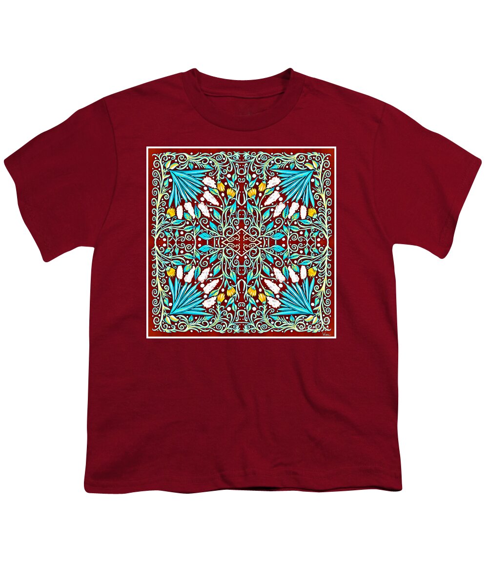 Turquoise Leaves Youth T-Shirt featuring the mixed media Floral Design in Turquoise, Yellow and Red by Lise Winne
