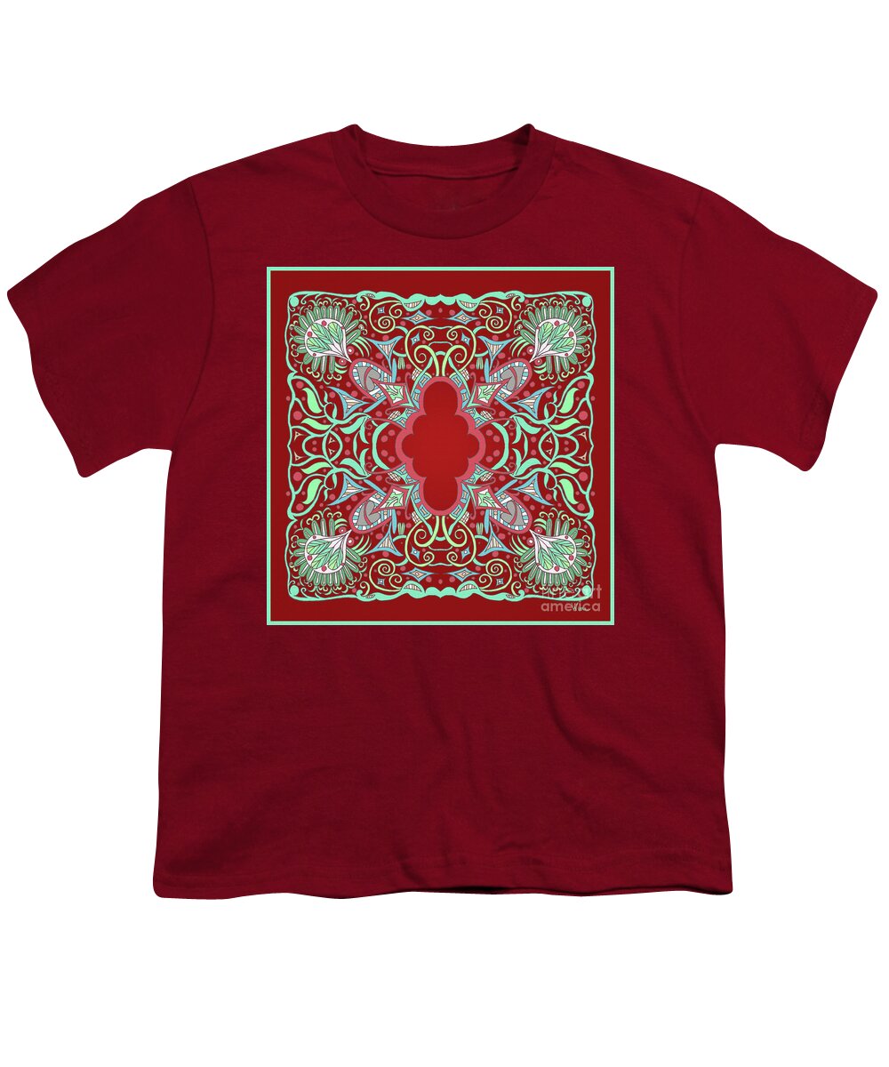 Lise Winne Youth T-Shirt featuring the mixed media Red and Green Square Semi Abstract Design with Leaves and Leaf Fans by Lise Winne