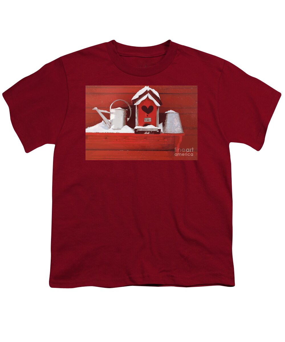 Bird Youth T-Shirt featuring the digital art Red birdhouse on shelf in the snow by Sandra Cunningham