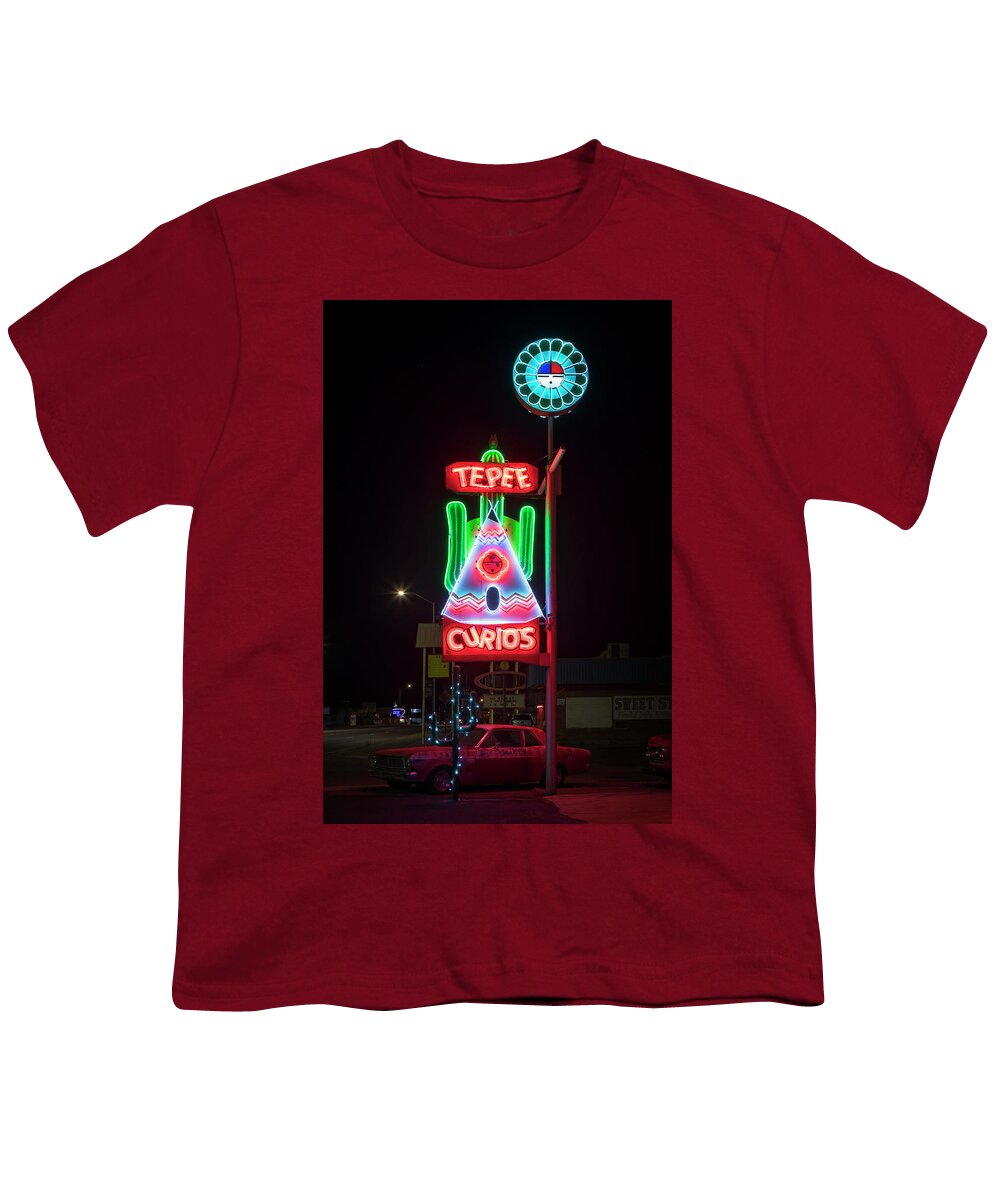 Route 66 Youth T-Shirt featuring the photograph Tee Pee Curios Neon Sign by Susan Rissi Tregoning