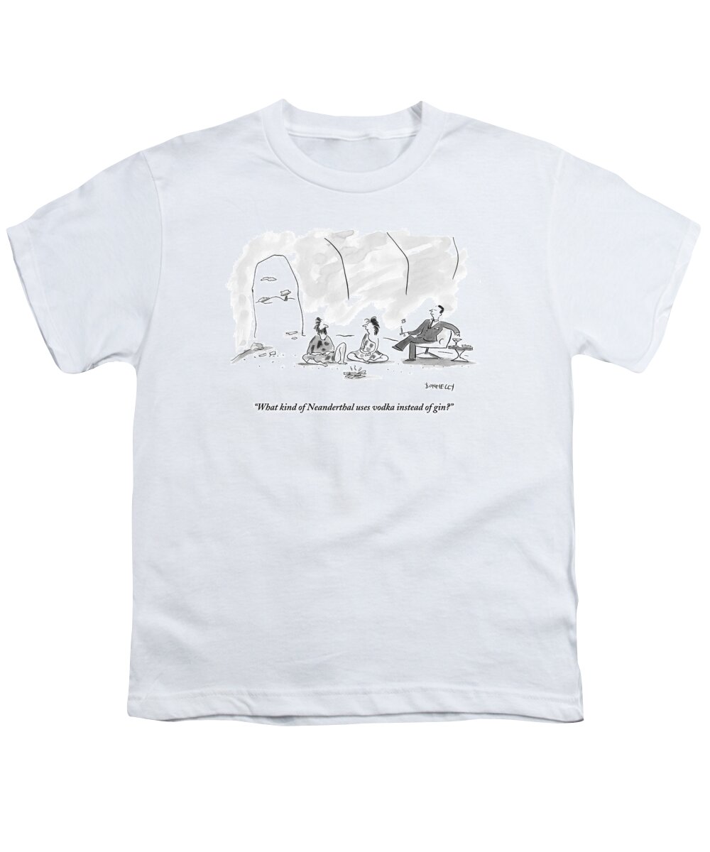 Cave Youth T-Shirt featuring the drawing A Caveman And Cavewoman Sit On The Floor by Liza Donnelly