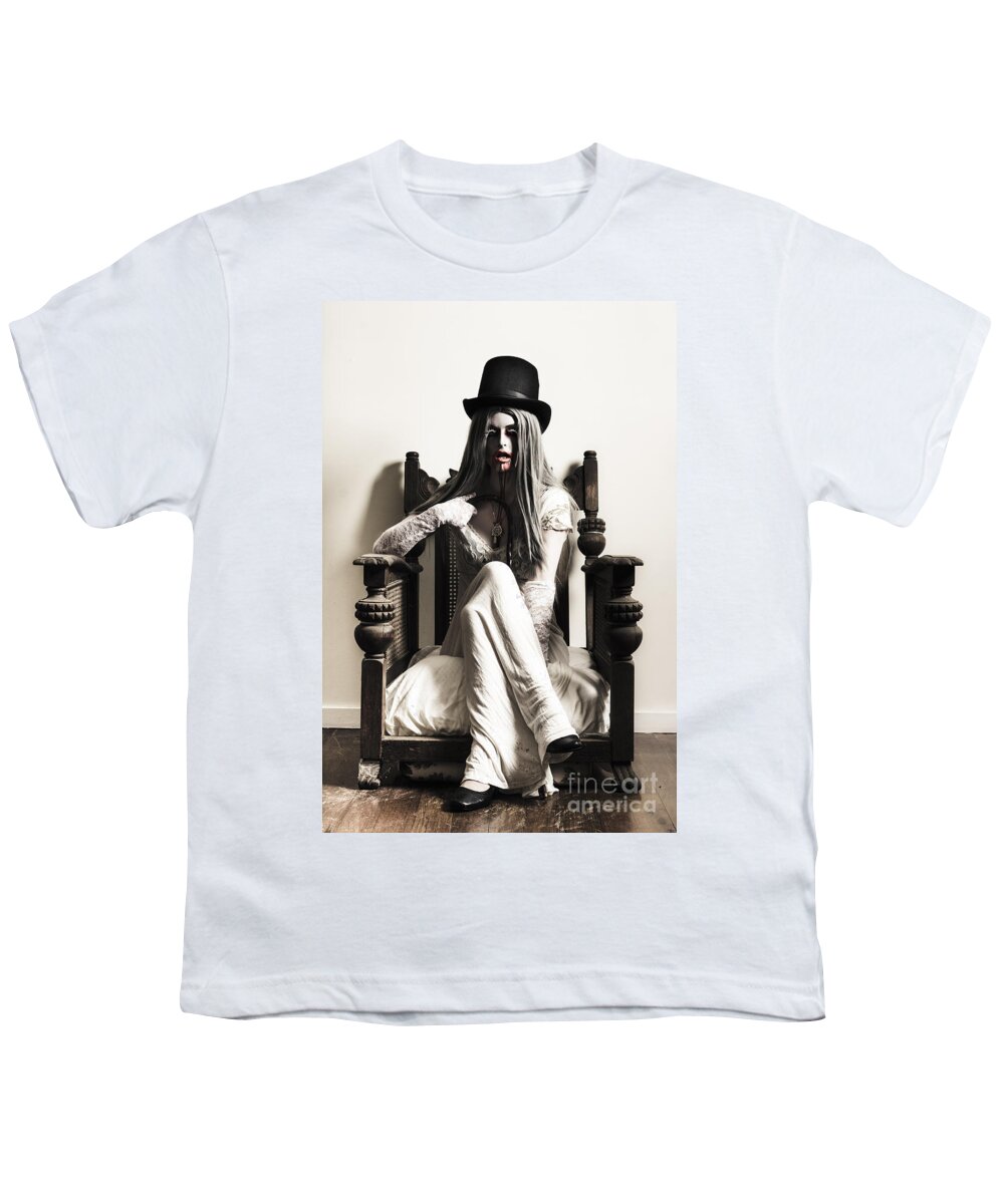 Horror Youth T-Shirt featuring the photograph Spooky vampire woman. High fashion horror #1 by Jorgo Photography