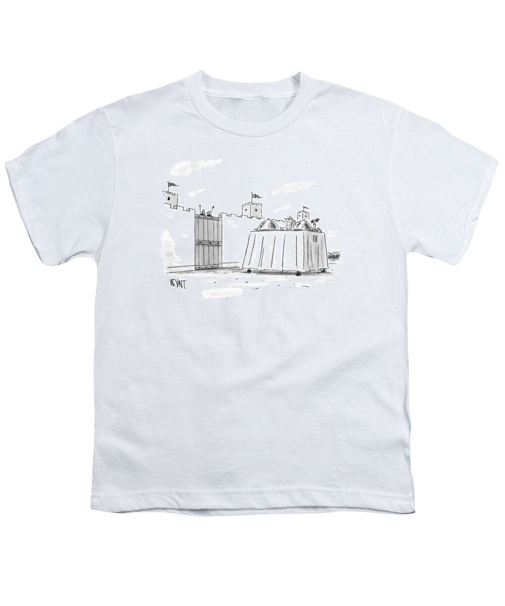Trojan Horse Youth T-Shirt featuring the drawing Two Guards Talk To Each Other As A Giant Room #1 by Christopher Weyant