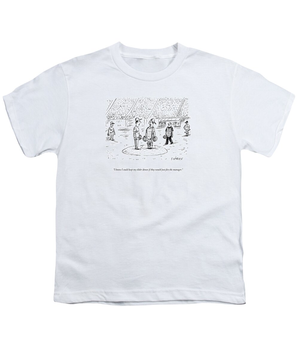 Baseball Youth T-Shirt featuring the drawing I Know I Could Keep My Slider Down If by David Sipress
