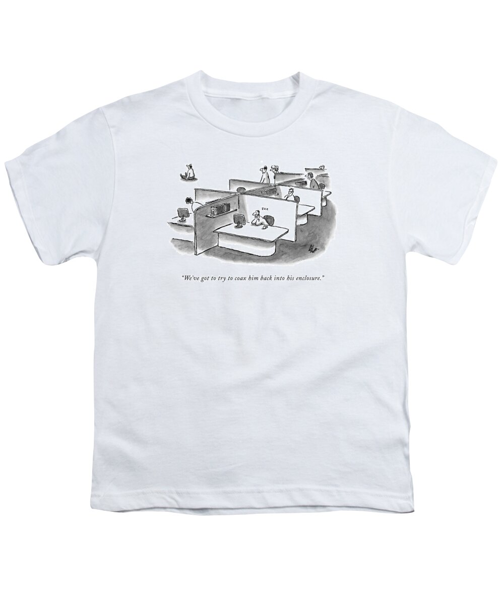 Cubicles Youth T-Shirt featuring the drawing We've Got To Try To Coax Him Back by Frank Cotham