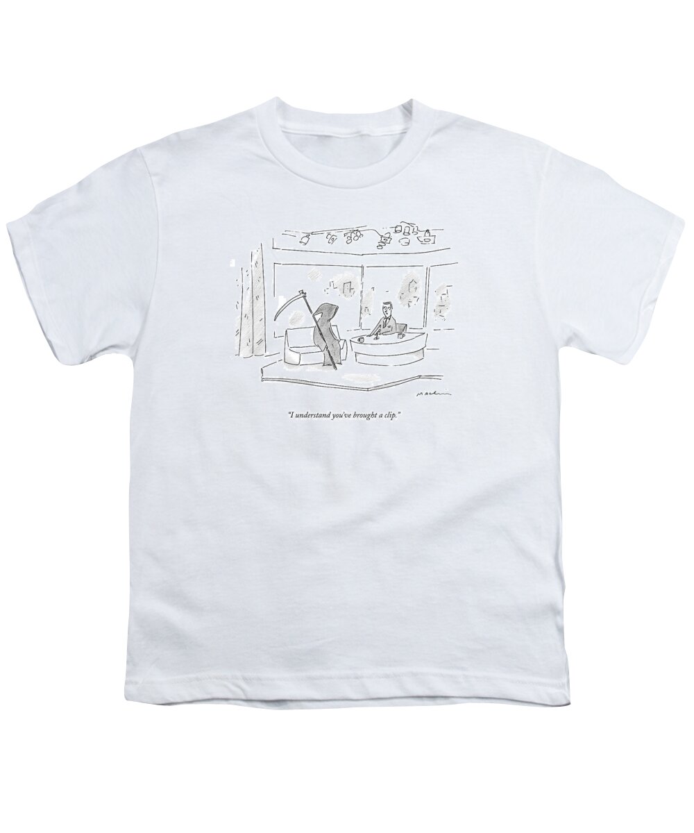 Television Youth T-Shirt featuring the drawing I Understand You've Brought A Clip by Michael Maslin