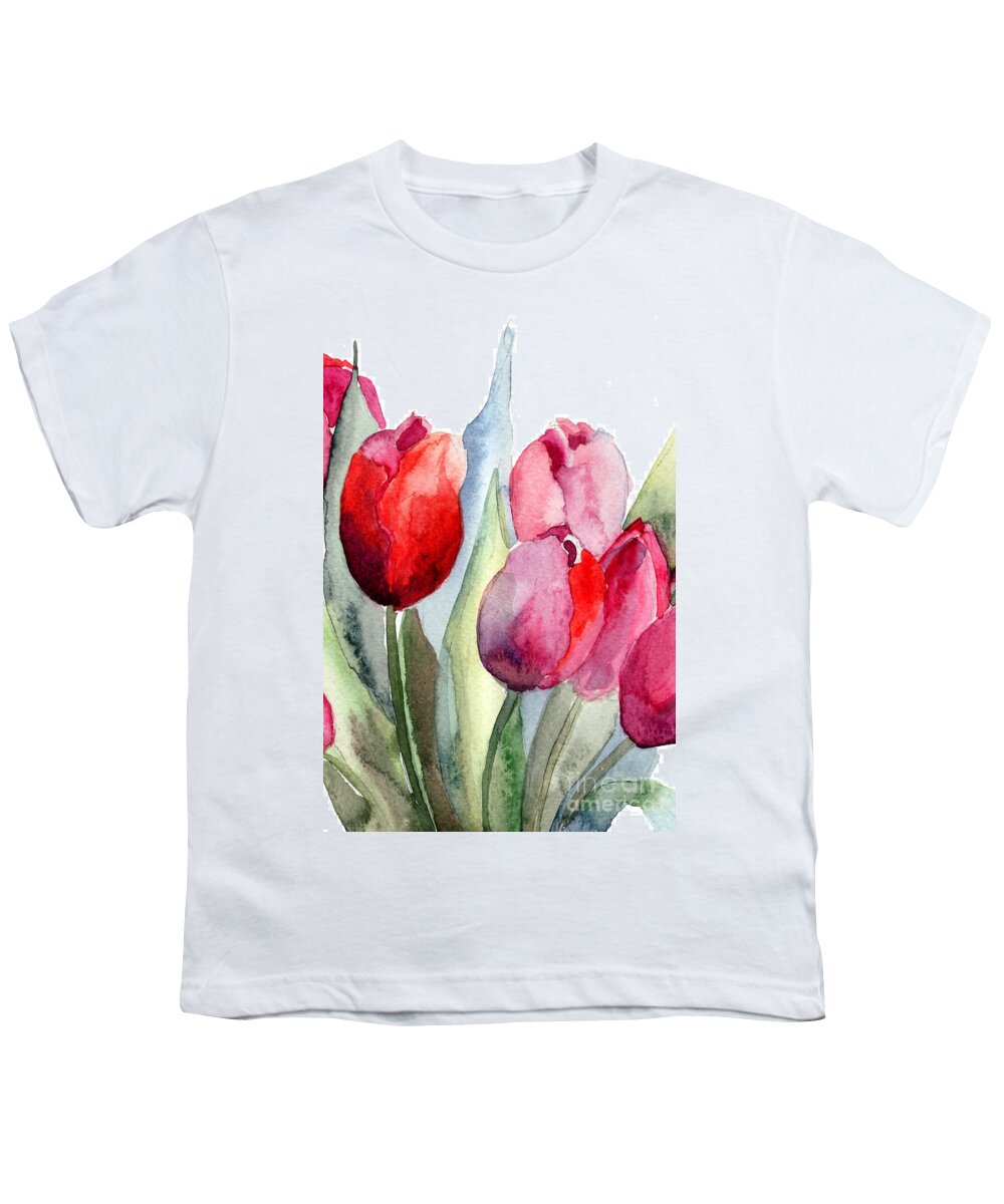 Backdrop Youth T-Shirt featuring the painting Tulips flowers #7 by Regina Jershova