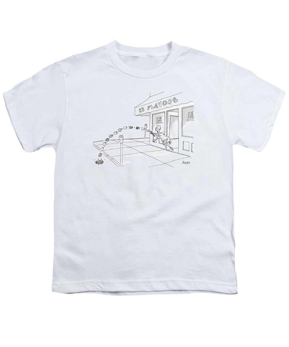 Accidents Food Incompetents Problems Urban

(kid Coming Out Of Store Spills His Thirteen Flavor Ice Cream Cone Into The Street.) 122592 Jzi Jack Ziegler Youth T-Shirt featuring the drawing New Yorker June 26th, 2006 by Jack Ziegler