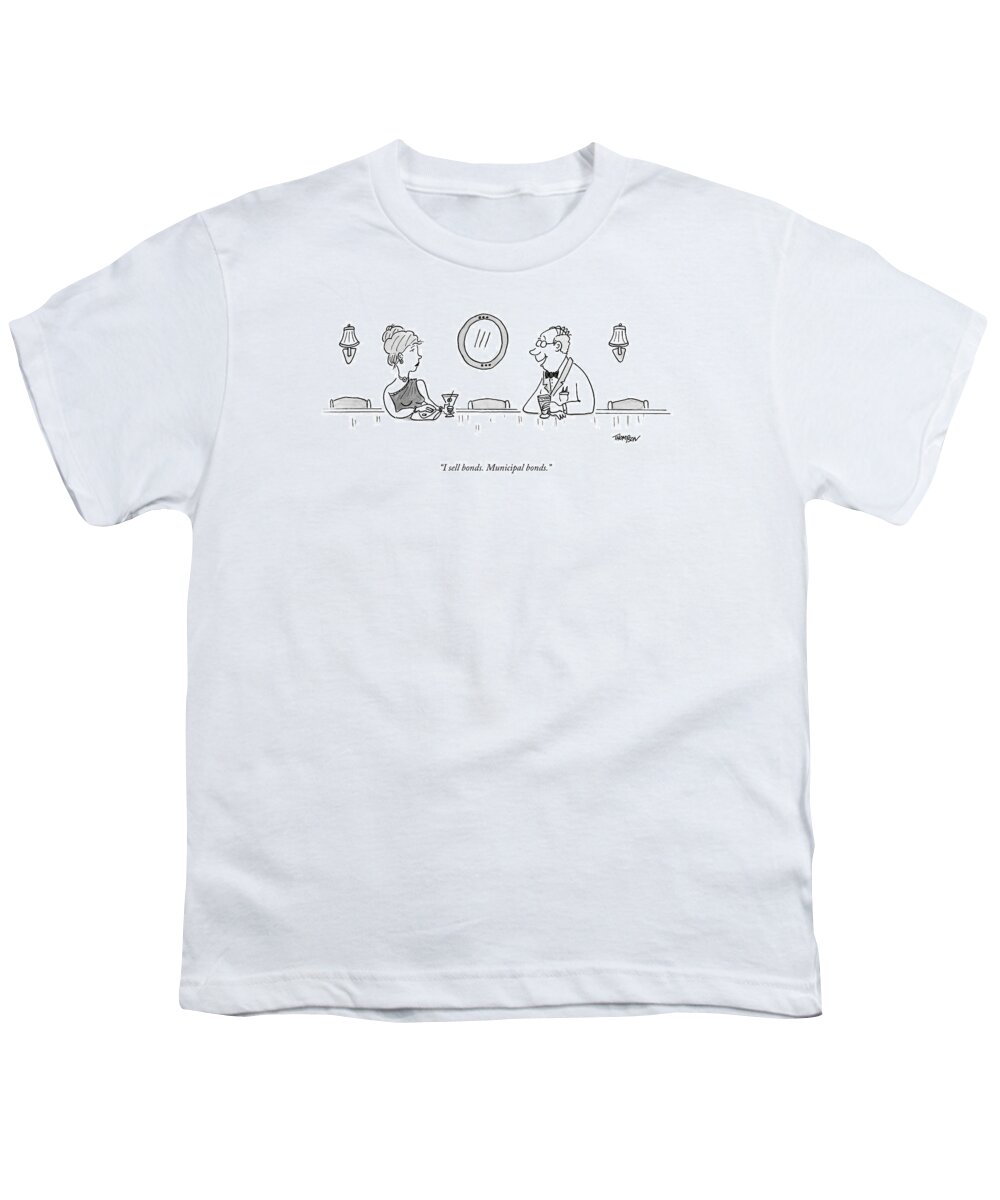 James Bond Youth T-Shirt featuring the drawing A Bald Man At A Bar In A Tux Speaking by Mark Thompson