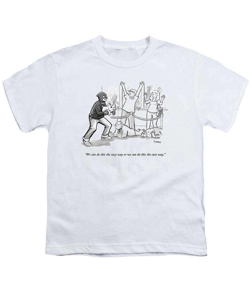 Hello Kitty Youth T-Shirt featuring the drawing A Bank Robber Points A Hellokitty Doll At Scared by Benjamin Schwartz