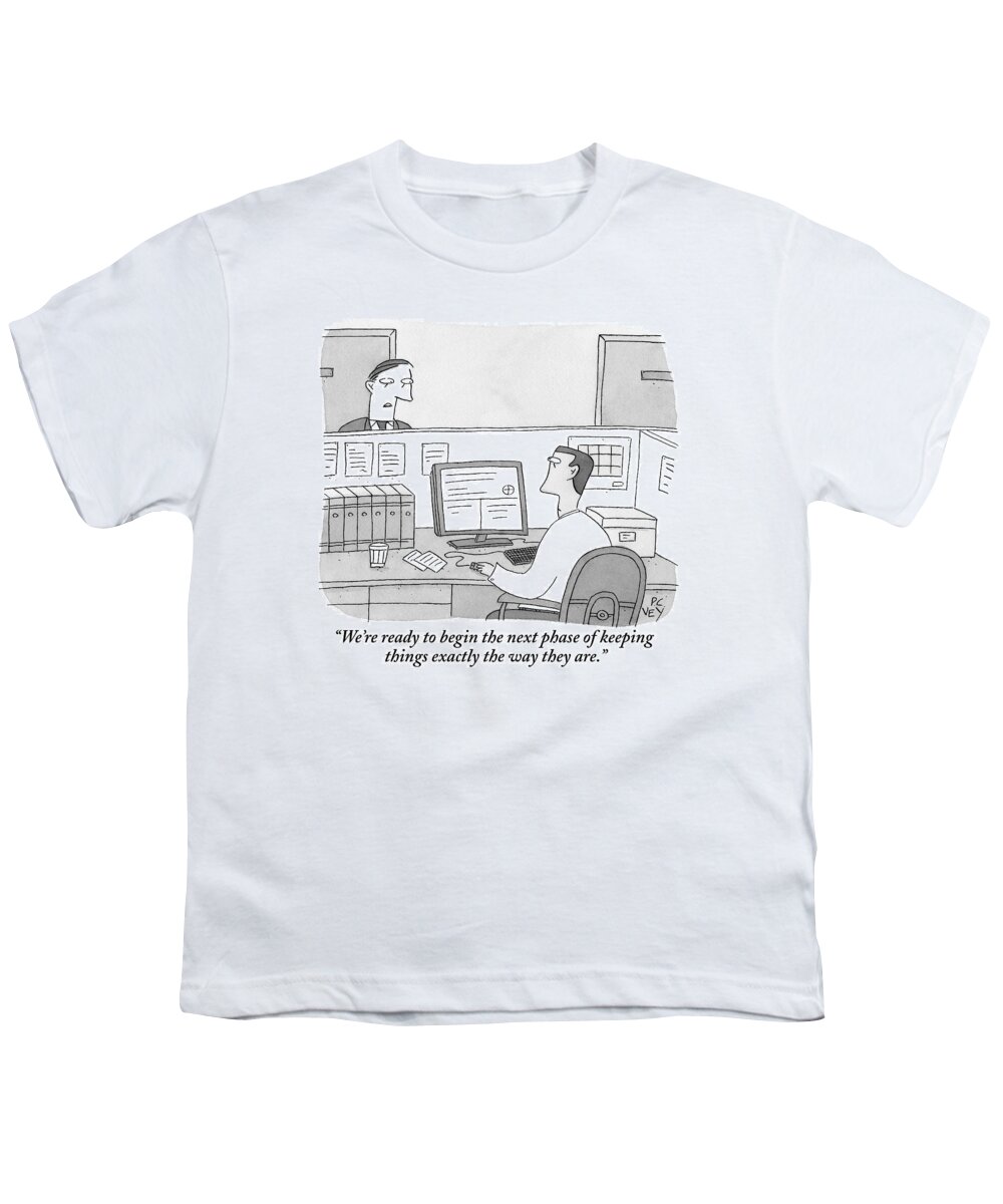 Office Workers Youth T-Shirt featuring the drawing A Boss Speaks To His Employee Who Is Working by Peter C. Vey