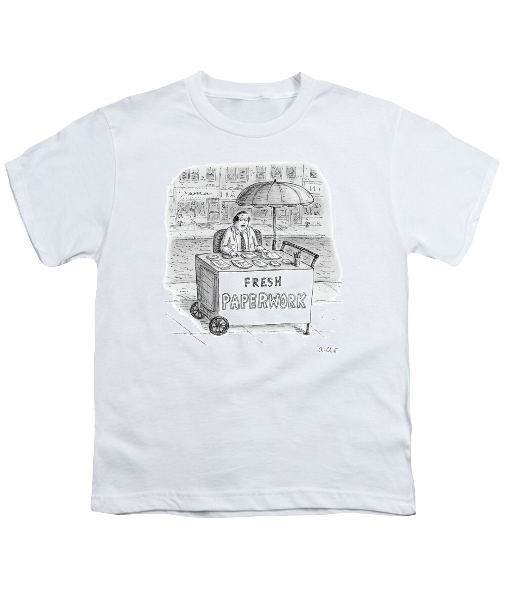 Hot Youth T-Shirt featuring the drawing A Businessman Sits Behind A Food Cart/desk by Roz Chast