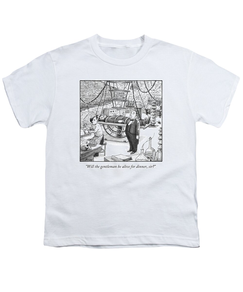 Cctk Youth T-Shirt featuring the drawing A Butler Talking To Frankenstein by Harry Bliss