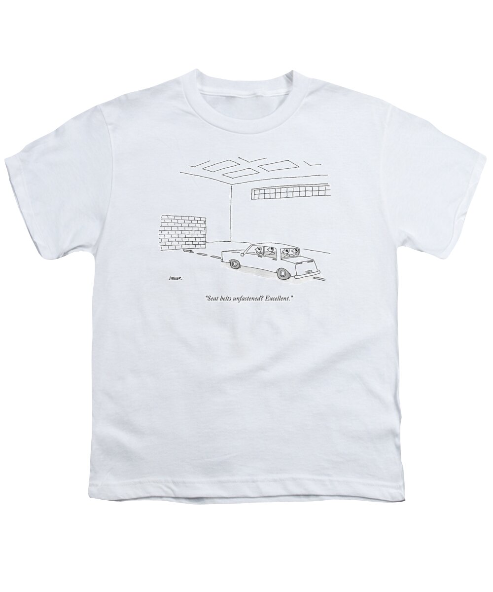 Crash Test Dummy Youth T-Shirt featuring the drawing A Car Full Of Crash Test Dummies Approaches by Jack Ziegler