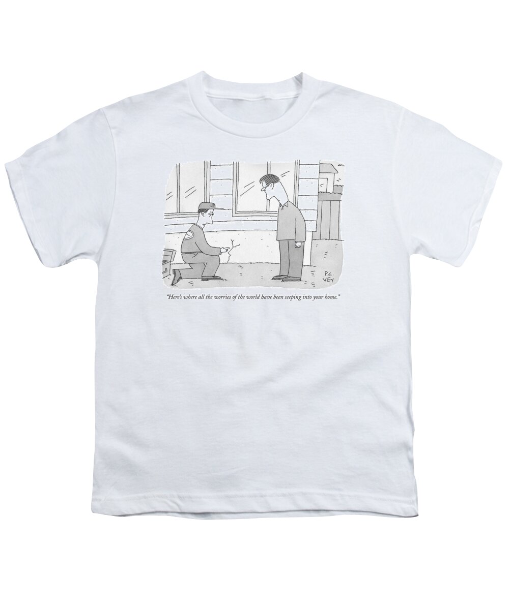 Worry Youth T-Shirt featuring the drawing A Carpenter Examines A Crack On The Base by Peter C. Vey