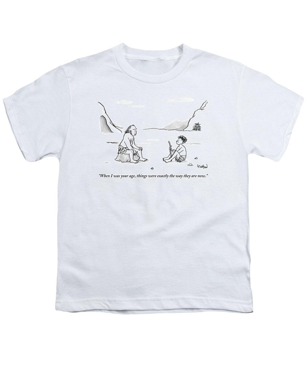 Father And Son Youth T-Shirt featuring the drawing A Cave Dweller Speaks To His Son Who Is Holding by Robert Leighton