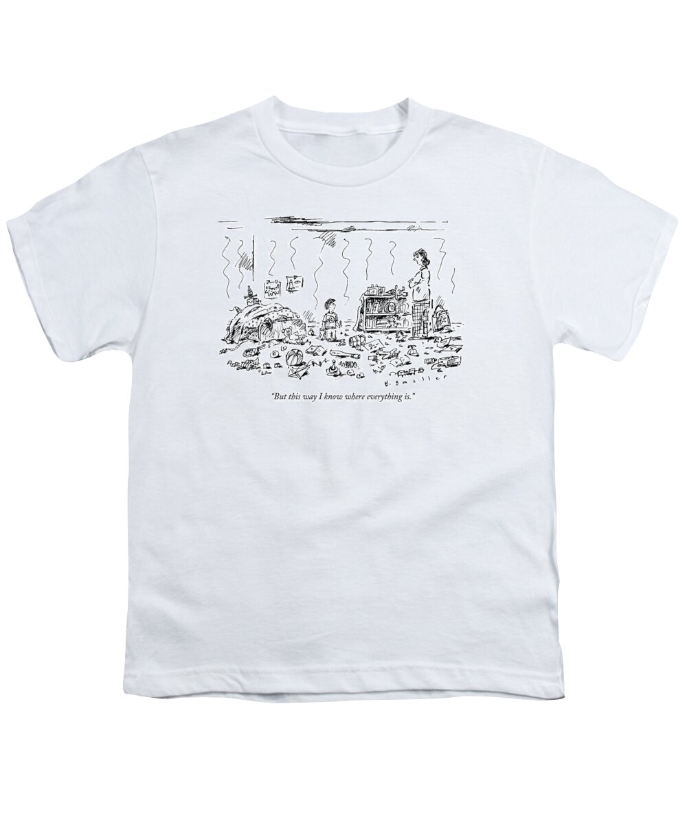 Child-rearing Youth T-Shirt featuring the drawing A Child And Mother Discussing A Very Messy Room by Barbara Smaller
