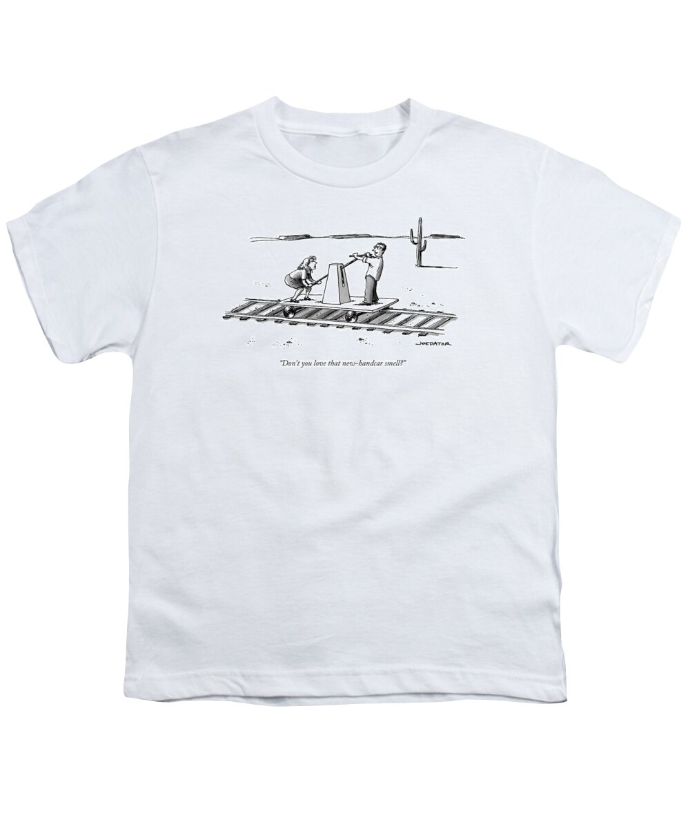 Couple Youth T-Shirt featuring the drawing A Couple With A Handcar In A Desert by Joe Dator