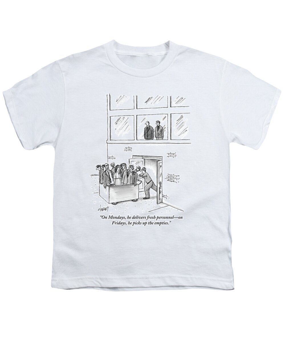 Workers Youth T-Shirt featuring the drawing A Delivery Man Pushes A Cart Full Of Zombie-like by Tom Cheney