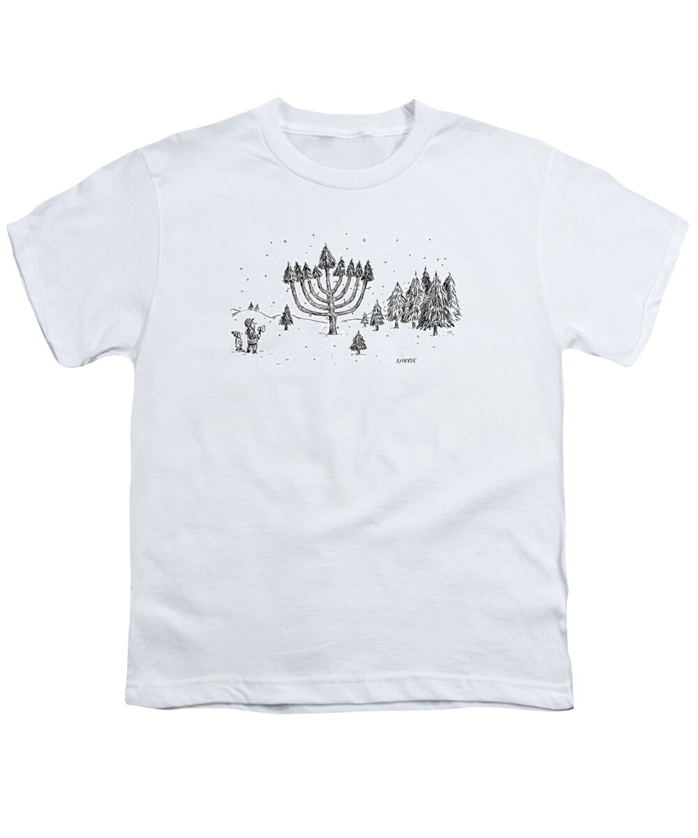 Christmas Youth T-Shirt featuring the drawing A Father And Child See A Menorah-shaped Christmas by David Sipress