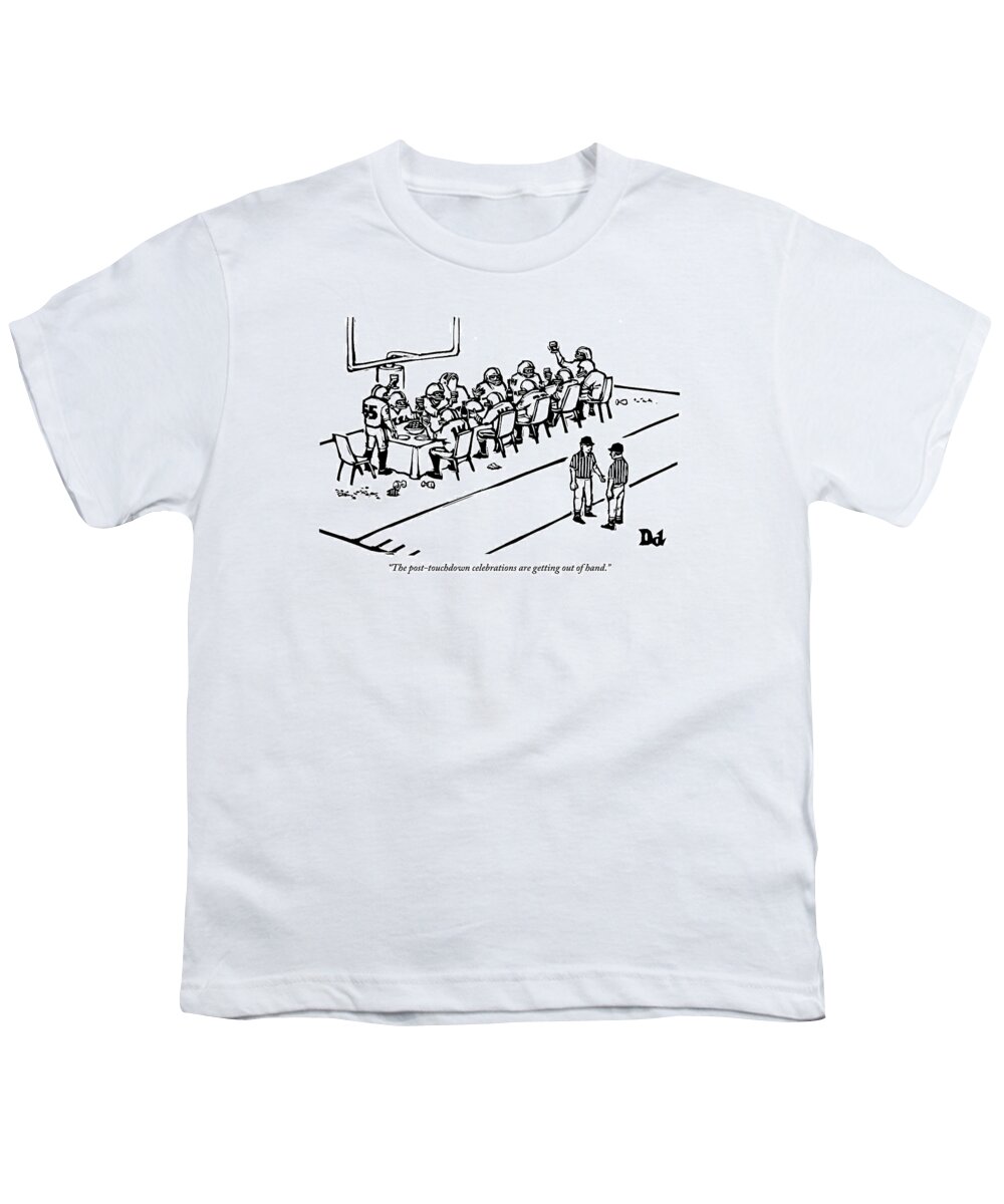 Football Youth T-Shirt featuring the drawing A Football Team Enjoys A Seated Dinner With Wine by Drew Dernavich