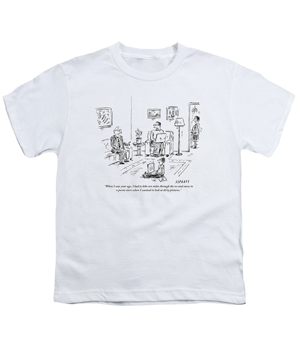 Pornography Youth T-Shirt featuring the drawing A Grandfather Regales His Son And Grandson by David Sipress