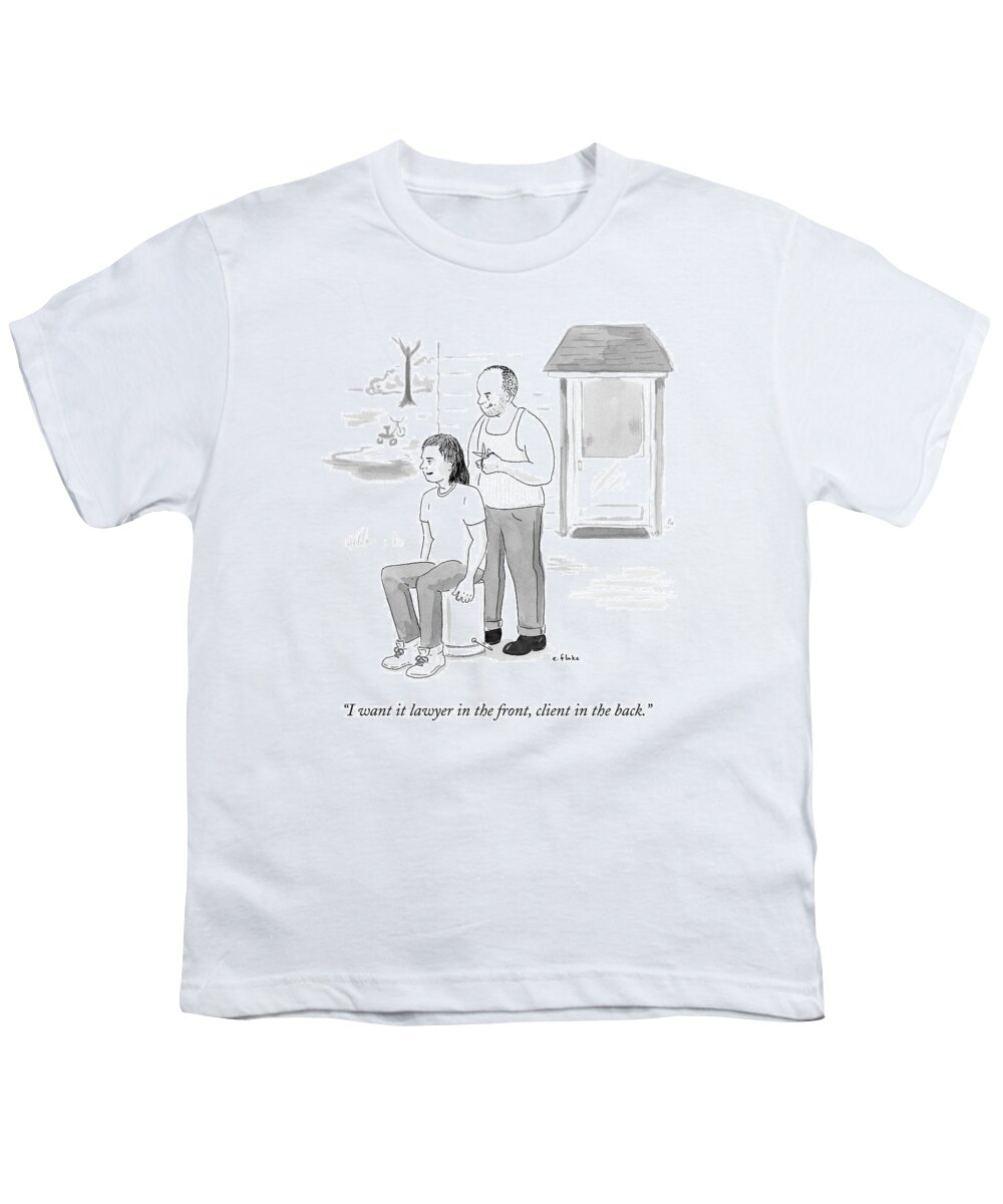 Mullet Youth T-Shirt featuring the drawing A Hillbilly Barber Gives A Customer A Mullet by Emily Flake