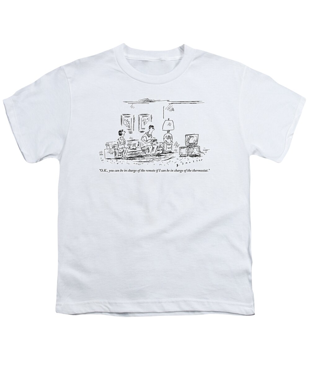Fights - Marital Youth T-Shirt featuring the drawing A Husband And His Frustrated Wife Sit by Barbara Smaller
