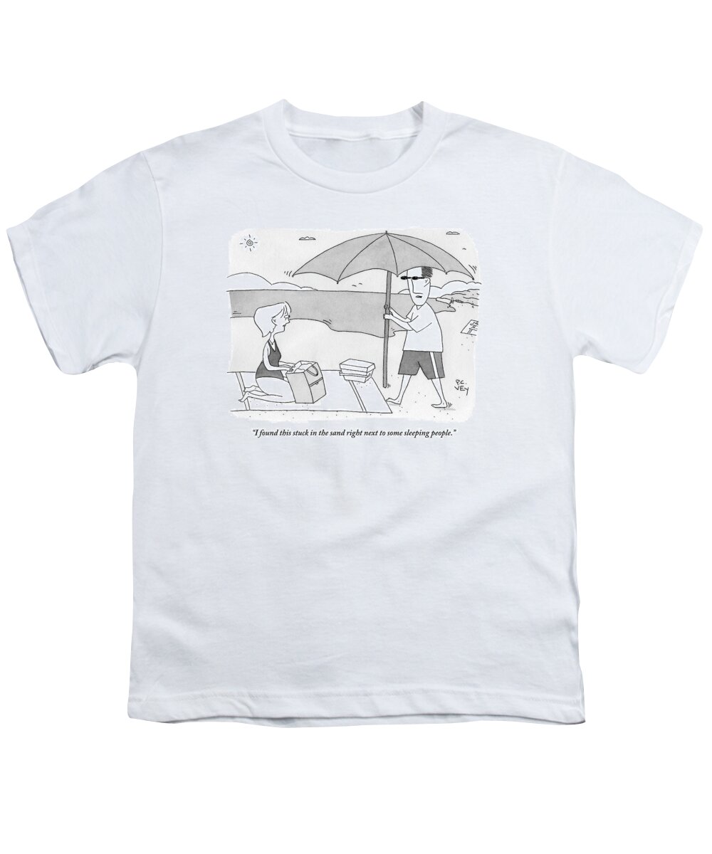 Beach Umbrella Youth T-Shirt featuring the drawing A Husband Returns To His Wife At The Beach Having by Peter C. Vey