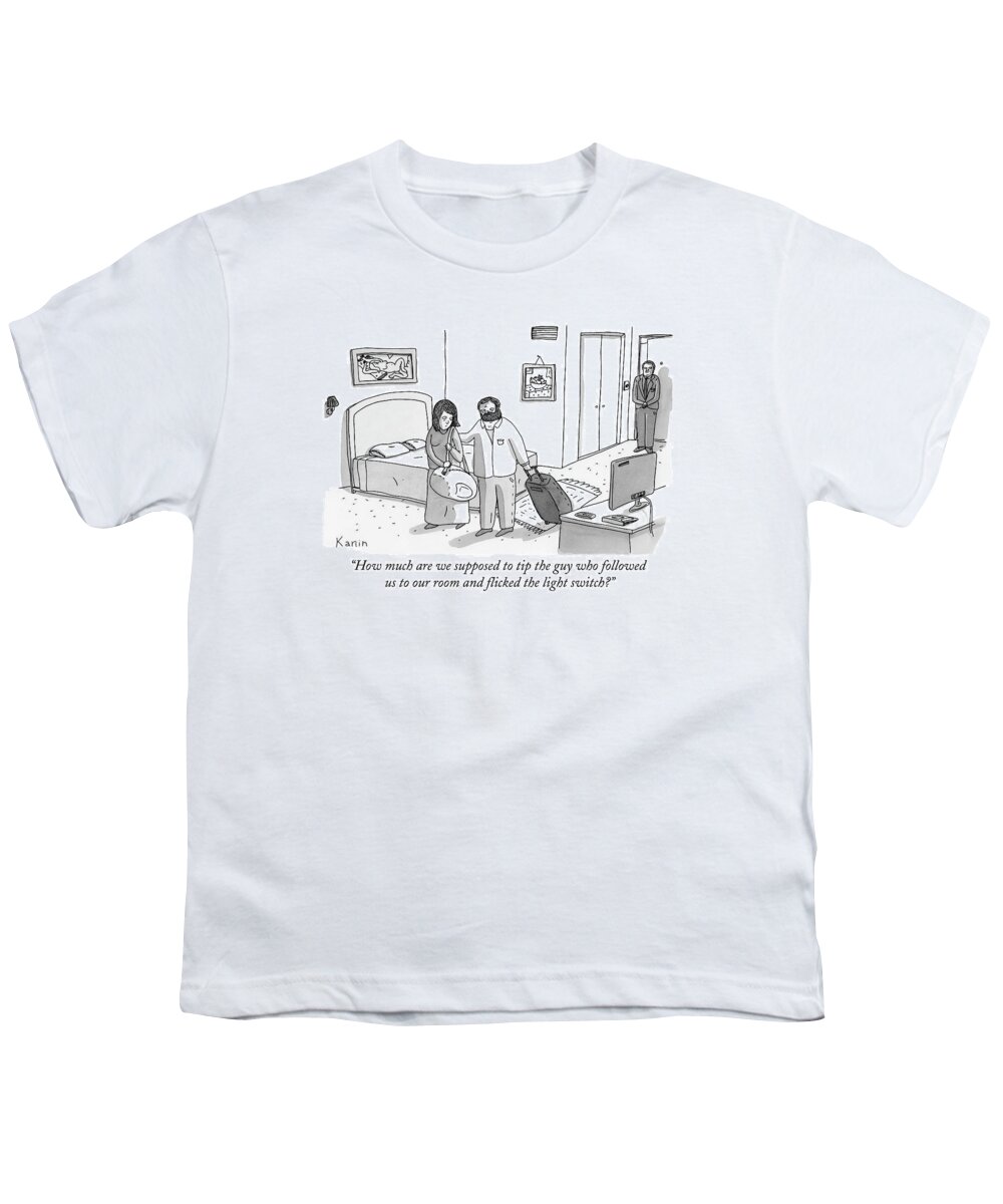 Hotel Youth T-Shirt featuring the drawing A Husband Whispers His Wife As A Random Man by Zachary Kanin