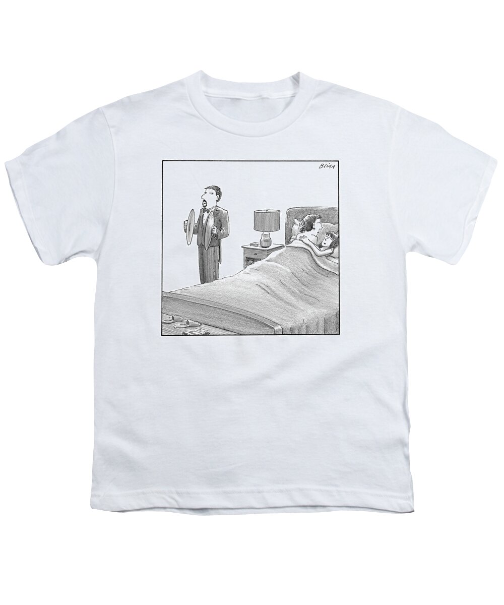 Bedroom Scenes Youth T-Shirt featuring the drawing A Man And A Woman Lie In Bed. Another Man Stands by Harry Bliss