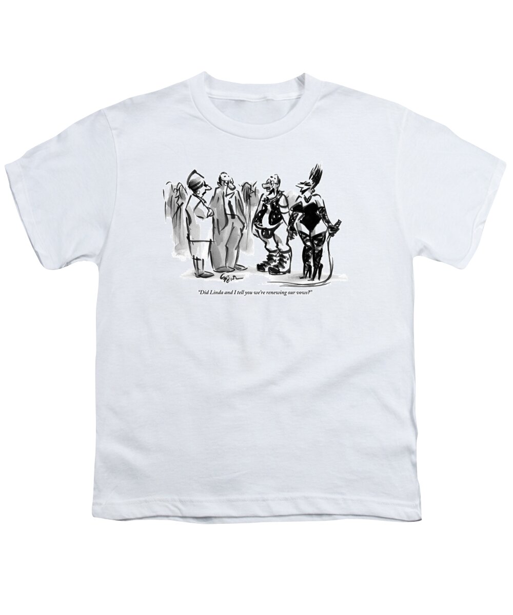 S&m Youth T-Shirt featuring the drawing A Man And A Women Are Seen Dressed In S&m Gear by Lee Lorenz