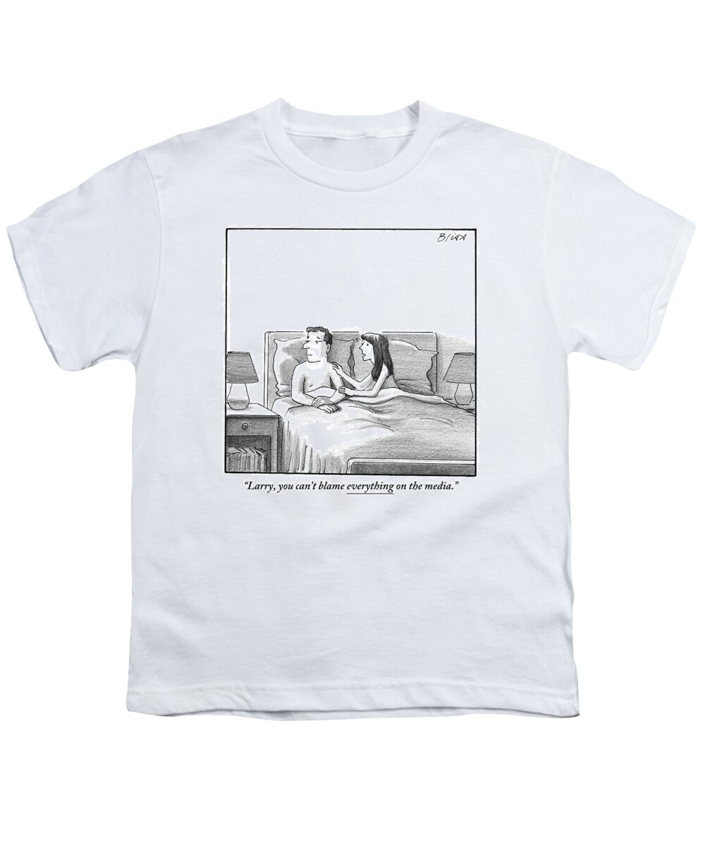 Sex Youth T-Shirt featuring the drawing A Man And Woman Lie In Bed. She Touches by Harry Bliss