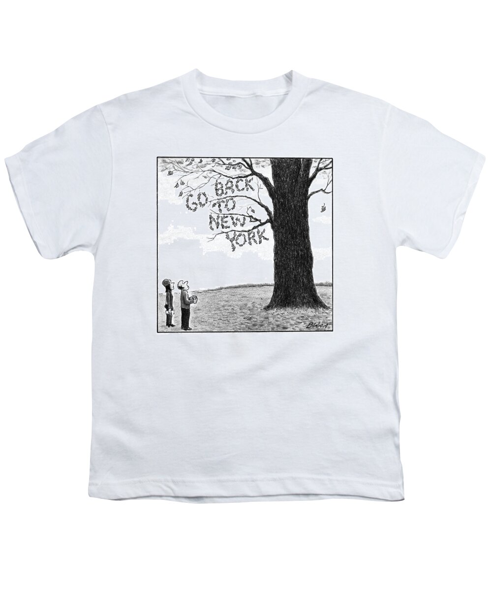 Leaves Youth T-Shirt featuring the drawing A Man And Woman Look At A Single Tree In A Field by Harry Bliss