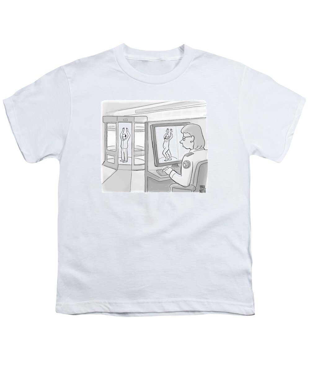 Captionless Airport Youth T-Shirt featuring the drawing A Man At Tsa Security Stands In An X-ray by Paul Noth