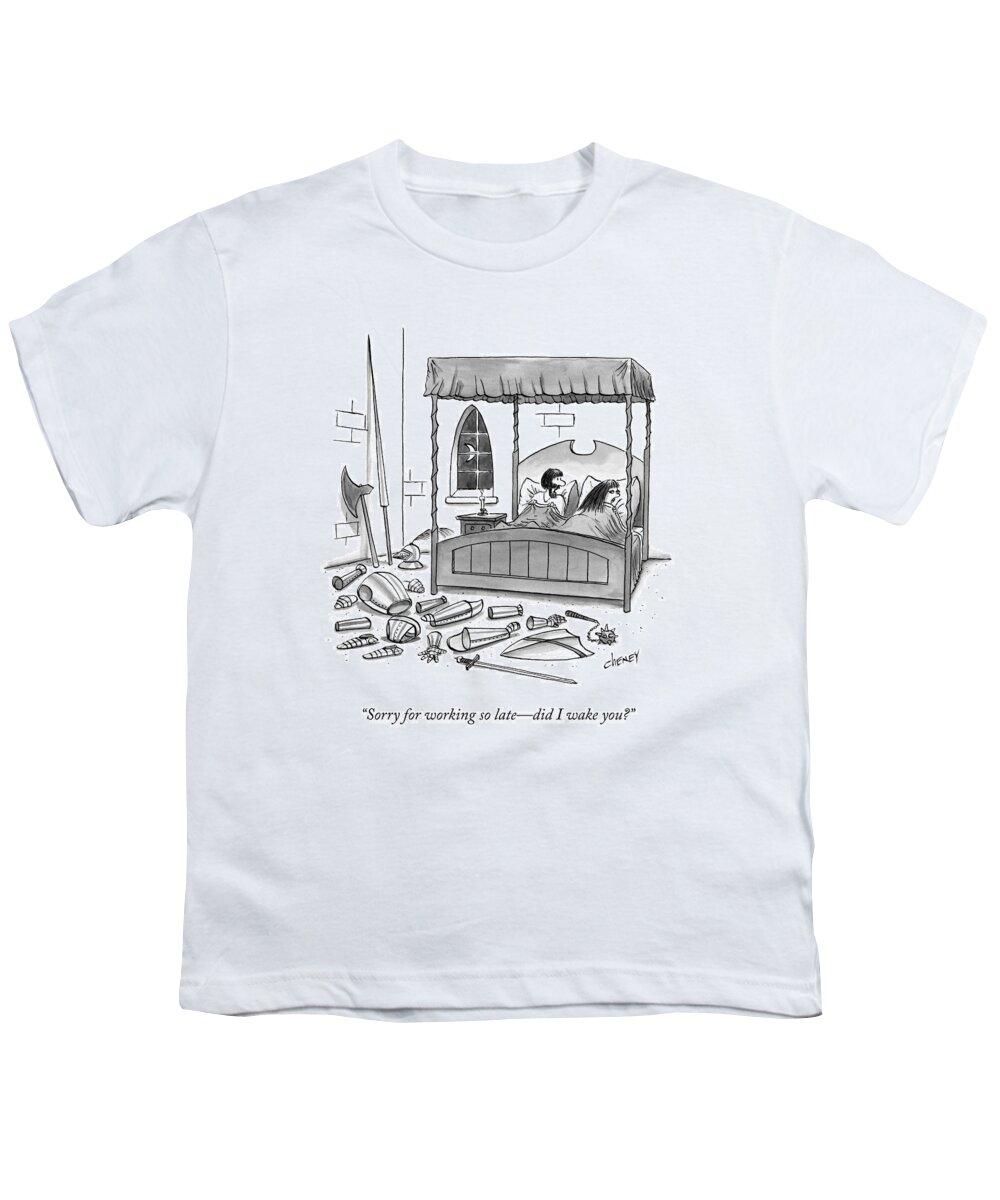 Loud Noises Youth T-Shirt featuring the drawing A Man, In Bed With His Wife, Speaks To Her by Tom Cheney