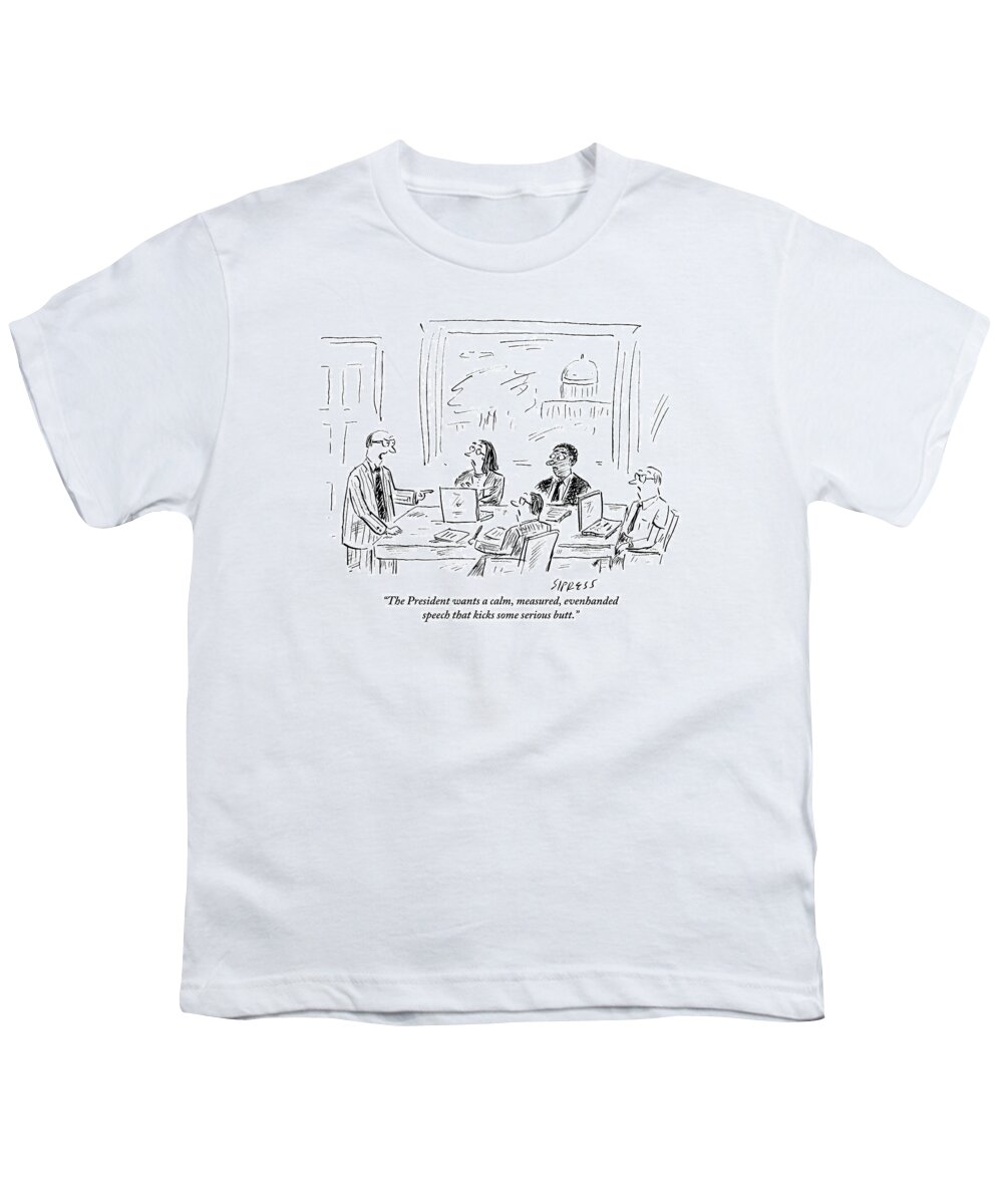 Meeting Youth T-Shirt featuring the drawing A Man Is Leading A Meeting Of Four People by David Sipress