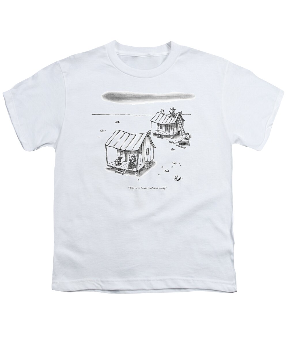 Hillbilly Youth T-Shirt featuring the drawing A Man On Top Of A Shack With A Ladder by Frank Cotham