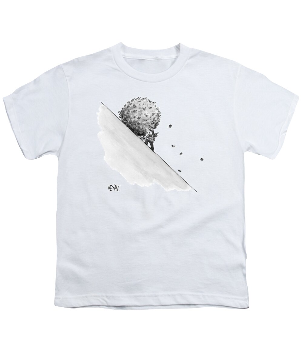 Sisyphus Youth T-Shirt featuring the drawing A Man Rakes Leaves Uphill by Christopher Weyant