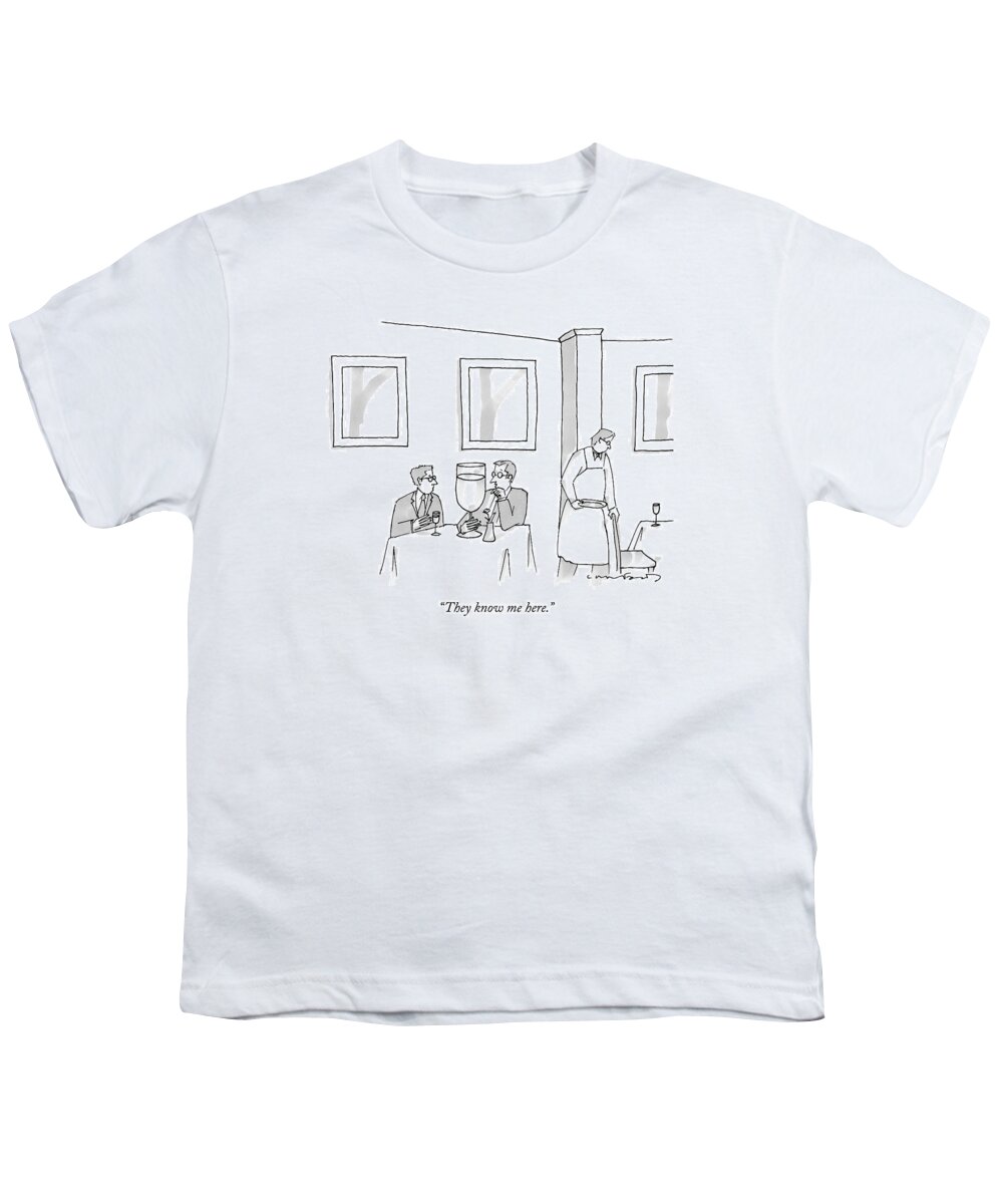 Alcohol Youth T-Shirt featuring the drawing A Man Sits At A Restaurant Table With An Enormous by Michael Crawford