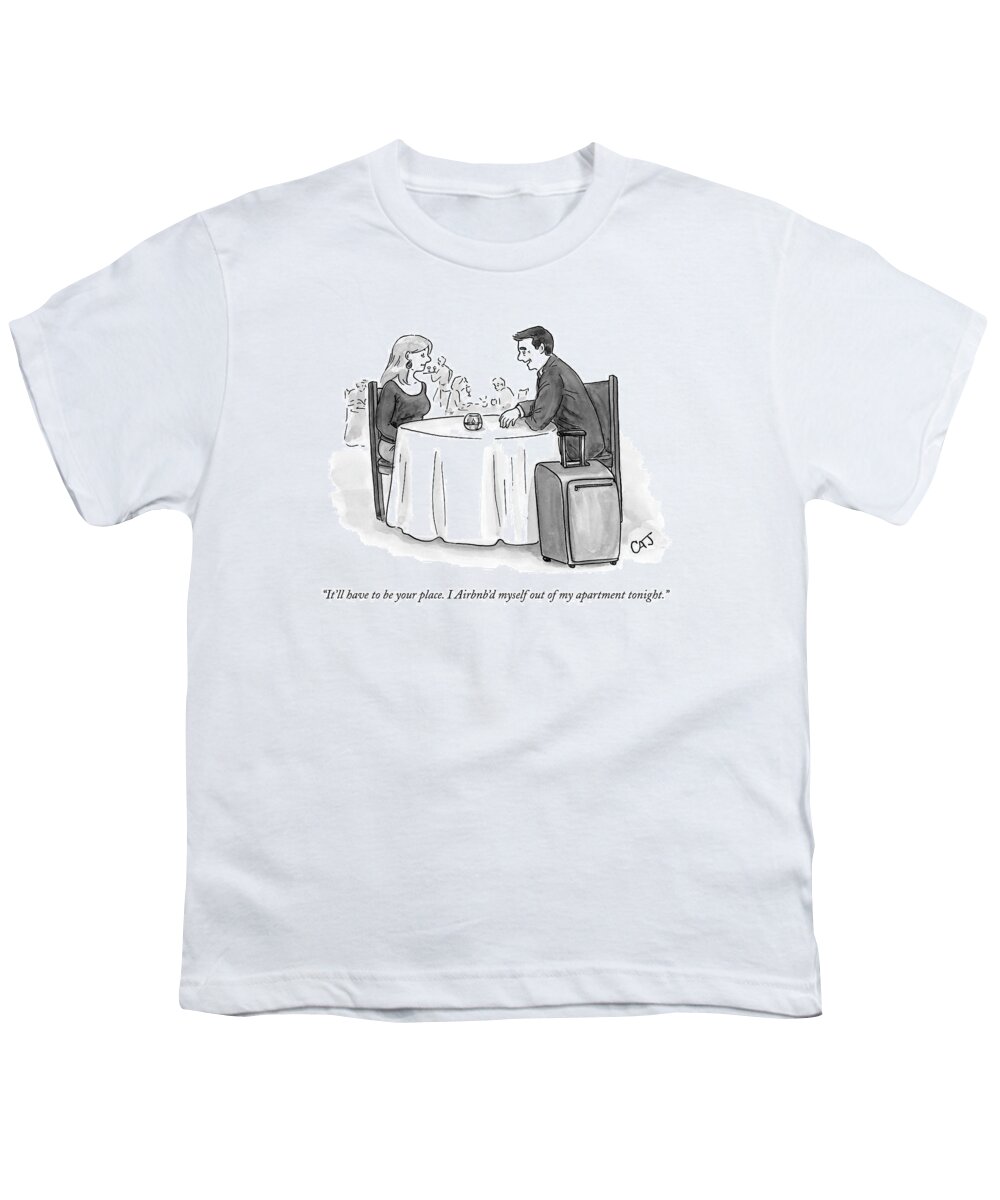 Air B N' B Youth T-Shirt featuring the drawing A Man Speaks To A Woman On A Date At A Restaurant by Carolita Johnson
