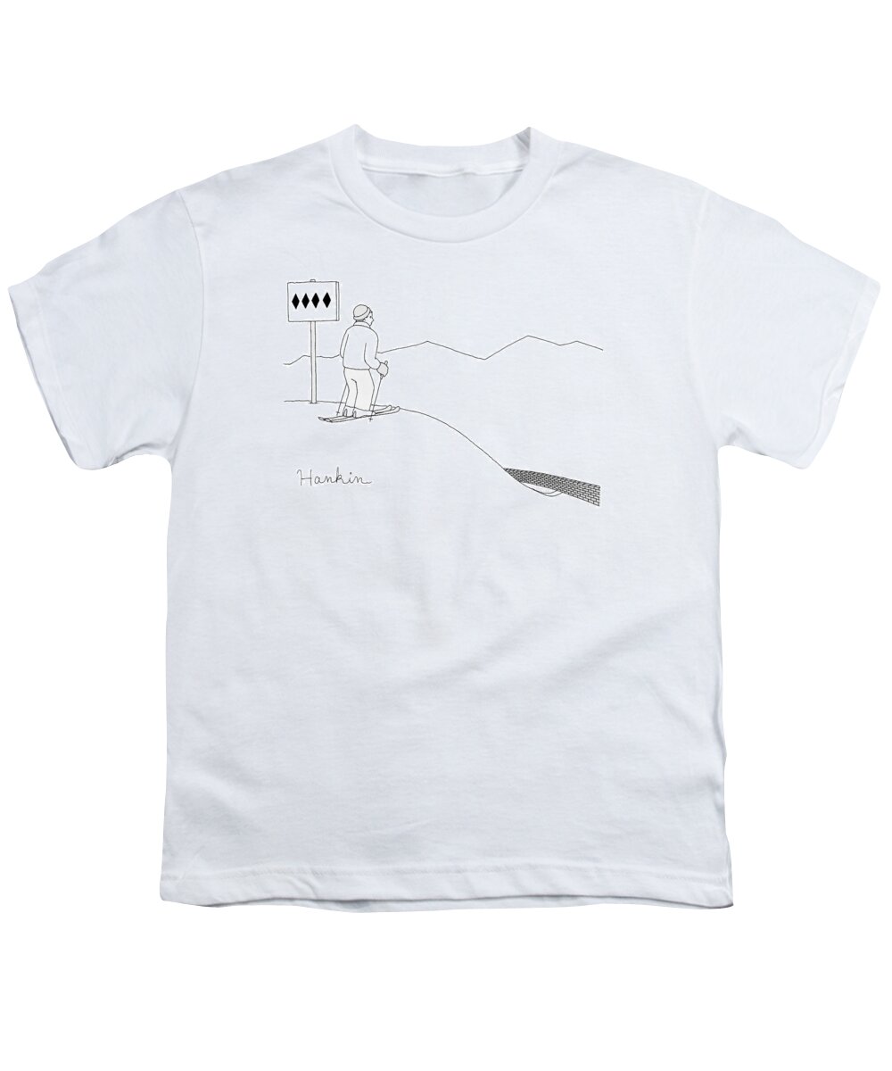 Captionless Youth T-Shirt featuring the drawing A Man Stands At The Top Of A Ski Slope by Charlie Hankin