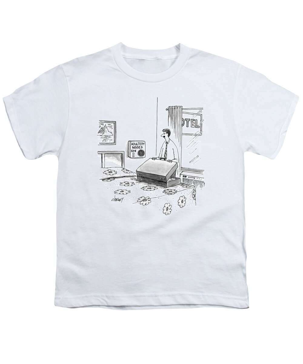 Motels Youth T-Shirt featuring the drawing A Man Unpacks His Suitcase In A Motel by Tom Cheney