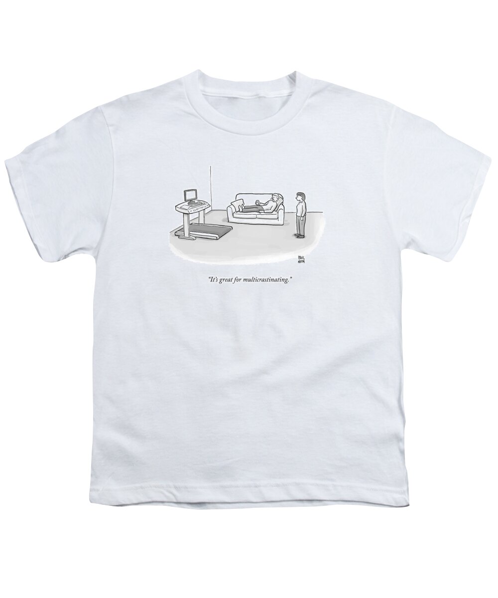 Exercise Youth T-Shirt featuring the drawing A Man Watches A Computer Atop A Treadmill Desk by Paul Noth