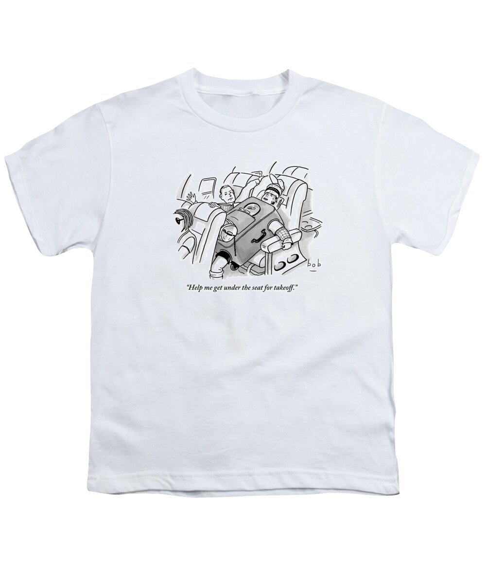 Airplane Youth T-Shirt featuring the drawing A Man Wearing His Luggage Sits Awkwardly In An by Bob Eckstein