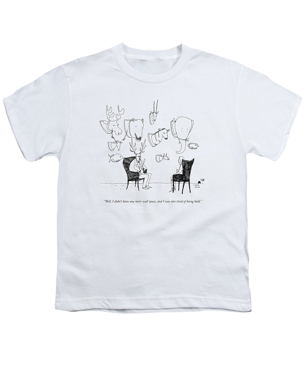 Taxidermy Youth T-Shirt featuring the drawing A Man With A Wall Full Of Taxidermy Has Antlers by Liana Finck